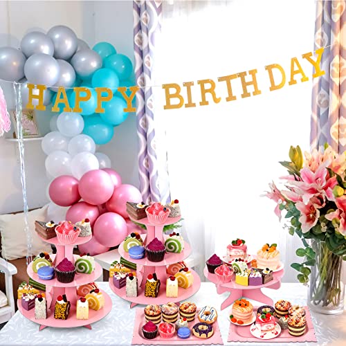 Zopeal 7 Pcs Dessert Table Display Set 3-Tier Cupcake Stand 1-Tier Cup Cake Display Tower Platters and Serving Trays Cardboard Cake Cookie Holders for Wedding Birthday Party Baby Shower(Pink) - color: Pink
