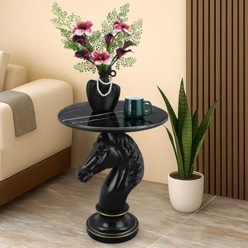 Modern Accent Table Living Room Horse Statue Black Contemporary‌ Faux Marble Night Stand Side Table with Horse Head Base Reception Area & Bedroom（Width 19.69" ——Tall 24.8"） - color: Black Horse Head Table