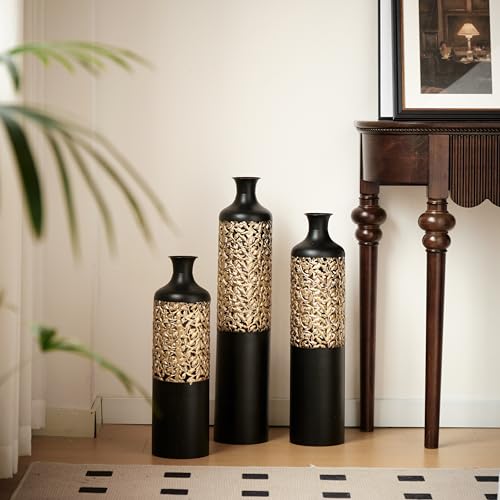 Floor Vases, Tall Home Decor Metal Vase Set of 3 Large Glazed Decorative Vases for Wedding Decor, Elegant Modern Flower Holder for Living Room, Entryway, Hallway, Dining Room - color: Leaf Cluster Black Gold