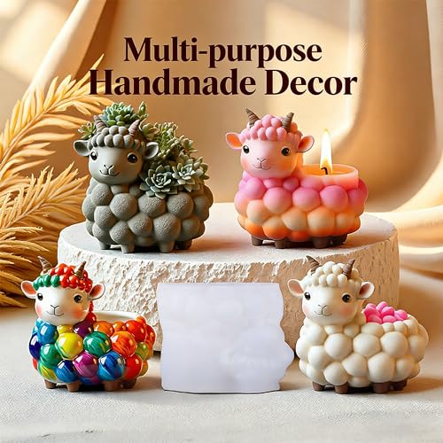 1Pc Cute Sheep Silicone Jar Mold 3D Lamb Shaped Resin Planter Mold for Concrete Casting Epoxy Candle Holder Desk Pen Cup DIY Plaster Art Home Decor Makeup Brush Handmade Gifts - color: Sheep Resin Mold