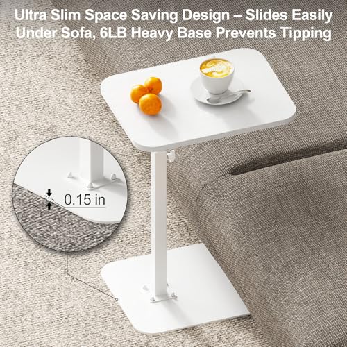 HzTinT Side Table Sofa Tray for Couch Heavy Metal Base Swivel/Adjustable Height, Sofa Bed Bathroom Study TV Tray C Shaped End Table Food Snack Trays for Eating - color: White, size: 11.8*15.7 in