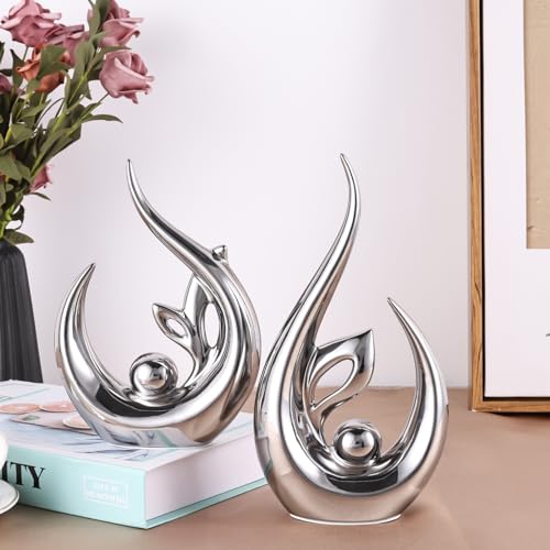9.4" H Silver Abstract Sculptures Home Decor, Ceramic Art Statue Cool Stuff to Put on Shelves&tv Stand Decor, Silver Accent Entertainment Center, for Fireplace Coffee Table Dining Table Decorate - color: Bright Silver, size: 9.4in/H