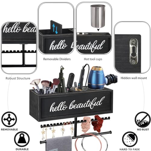 Rustic Hair Dryer Holder Wall Mounted,Hair Styling Tools & Accessories Organizer,Bathroom Supplies & hot Tools vanities Organizer Caddy,for Storage Flat Iron,Blow Dryer,Curling Iron,Towel - color: Black