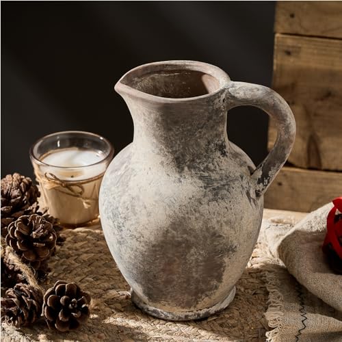SIDUCAL Ceramic Rustic Farmhouse Vase with Handle, Terracotta Vase, Minimalist Decorative Vases for Home Decor, Table, Living Room, Shelf, Christmas Decoration(Gray) - color: Gray