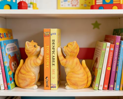 Cute Cat Bookends for Shelves, Heavy Duty Bookends, Decorative Bookends for Kids Books, Non-Skid Design, Orange Cat Statue Enthusiasts Gifts - color: Orange