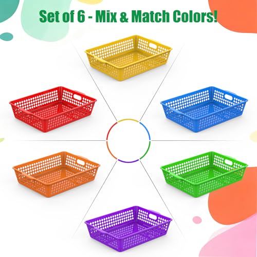 QRRICA 6 Pack Plastic Classroom Storage Baskets, Paper Trays for Classroom Organization & Turn in Trays for Teachers, Students, Desk Organizer Bin 13.8x10.6x3.1 Inch (Rainbow) - color: Rainbow