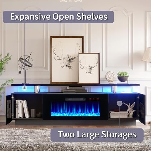 AMERLIFE Fireplace TV Stand with 36" Fireplace, 70" Modern Fireplace Entertainment Center LED Lights, 2 Tier TV Console Cabinet for TVs Up to 80", Obsidian Black - color: Black, size: 70"