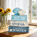 4 Pcs Coastal Summer Beach Tiered Tray Decor Rustic Wooden Nautical Centerpiece Set with Shell Starfish Farmhouse Style Beach Room Decor Summer Tiered Tray Decor - style: Coastal