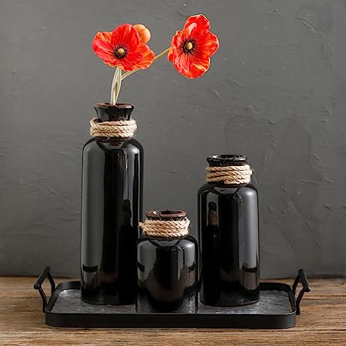 LUKA Ceramic Rustic Farmhouse Vase Set of 3,Terracotta Vases for Decor,Antique Vase for Your Bedroom,Office,Living Room,Fireplace Decor,Housewarming （10+7.5+5 Inch） - color: Black