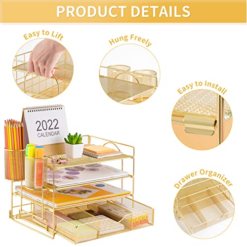 Lavatino Paper Letter Tray Organizer with File Holder, 4-Tier Desk Accessories & Workspace Desk Organizers with Drawer and 2 Pen Holder for Office Supplies (Gold) - color: 4 Tier - Gold
