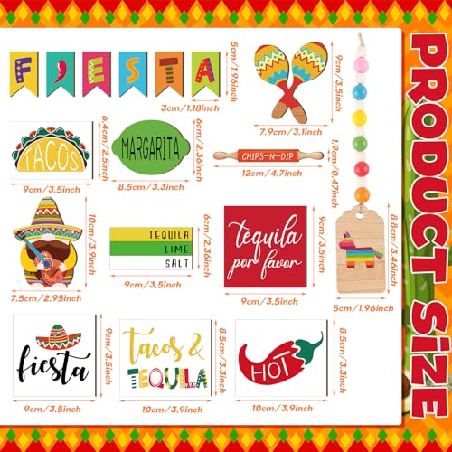 Tatuo 16 Pcs Cinco De Mayo Tiered Tray Decor Set, Mexican Wooden Fiesta Signs - Taco, Sombrero, Rainbow Donkey, Farmhouse Style Table Decor for Home Kitchen Summer Party Holiday Shelf