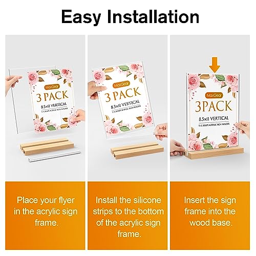 MaxGear L/T Shape Acrylic Sign Holder, 8.5 X 11 Clear Table Display Stand with Wooden Base, Flyer Menu Holder Photo Frames Paper Stand for Office, Wedding, Restaurants, Hotels 3 Pack - size: 8.5''x11'', style: 3 Pack