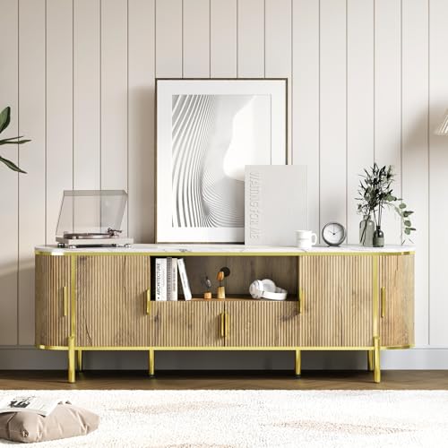Luxury 70 in Fluted TV Stand with Faux Marble Top, Entertainment Center for TVs Up to 80 in, Wood Media Console with Curved Profile Sliding Doors and Adjustable Shelves for Living Room- Natural Oak - color: Natural Oak