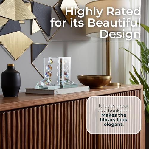 Set of 2 Crystal Diamonds Decorative Bookends – Heavy Duty Modern Shelf Decor Accents with Elegant Geometric Design – Glass Office & Home Decor – 7", Clear & Frosted