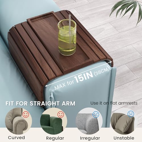 Sofa Arm Tray,Walnut Wood Folding Couch Arm Trays,Sofa Armrest Tray with Anti-Slip Pad for Drinks,Snacks,Phone,Remote Control