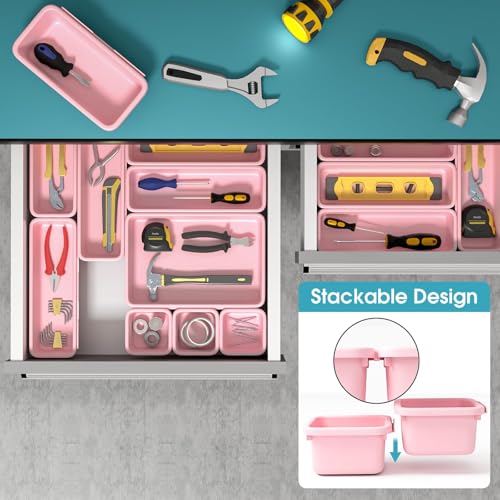16 PCS Drawer Organizer Set, 4 Size Makeup Drawer Divider Organizer With Non-Slip Pads, Interlocking Plastic Storage Bins for Office,Jewelry Vanity,Gadgets, Bathroom,Kitchen, Pink - color: Pink, size: 16Pack