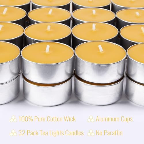 32 Packs Beeswax Tealight Candles,Natural Beeswax Tea Lights Candle in Aluminum Cups,4-5 Hour Burn Time,Unscented Smokeless Candles - style: 32 packs