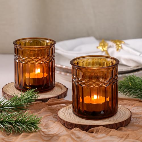 NITIME 8pcs Amber Votive Candle Holders, Large Tea Light Candle Holder Glass for Fall Table Decor, Amber Candle Holders for Table Centerpiece, Home, Wedding and Party Decor - color: Amber
