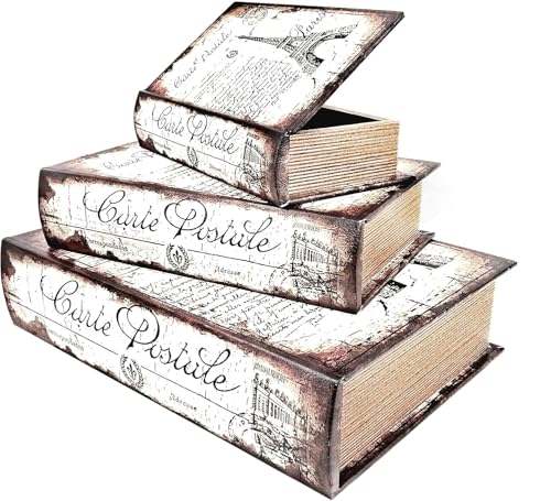 Bellaa 28069 Decorative Book Box Gift Set of 3 Paris Eiffel Tower Vintage Hidden Invisible Secret Storage Heavy Bookends Bookshelves Support End Magnetic Cover Stash Designed Wood Flux Leather - style: Paris White
