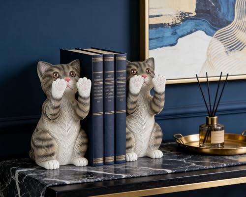 Cute Cat Bookends for Shelves, Heavy Duty Bookends, Decorative Bookends for Kids Books, Non-Skid Design, Grey Cat Statue Enthusiasts Gifts - color: Gray