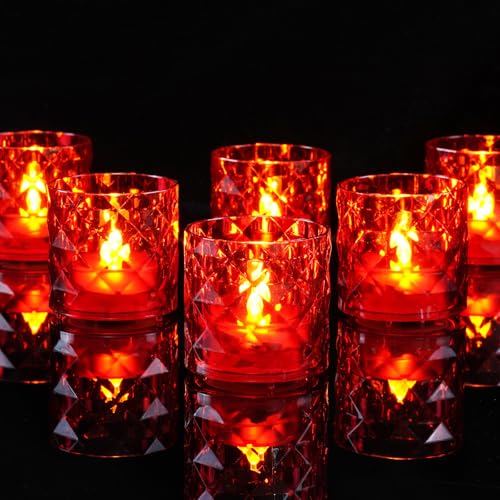 Homemory 2" x 2" Acrylic Votive Candle Holders with Auto Timer Flameless Led Tealight, Battery Powered Fake Electric Candles for Wedding Centerpiece, Table, Christmas Decor (6Pack, Red Base) - color: Red, size: 6 Pack