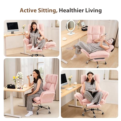 Big and Tall Office Chair, Flip Armrests for Pets & Cross Legged Sitting, Executive Ergonomic Computer Gaming Chair with Foot Rest, Teddy Fleece Wide Seat Reclining Desk Chair, Pink - color: Pink