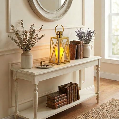 TRIROCKS Stainless Steel Decorative Lantern 12''H Metal Outdoor Candle Holder Hanging Candle Lantern with Tempered Glass for Christmas Home Wedding Living Room Parties Indoor Outdoor(Gold Trapezoid) - color: Gold