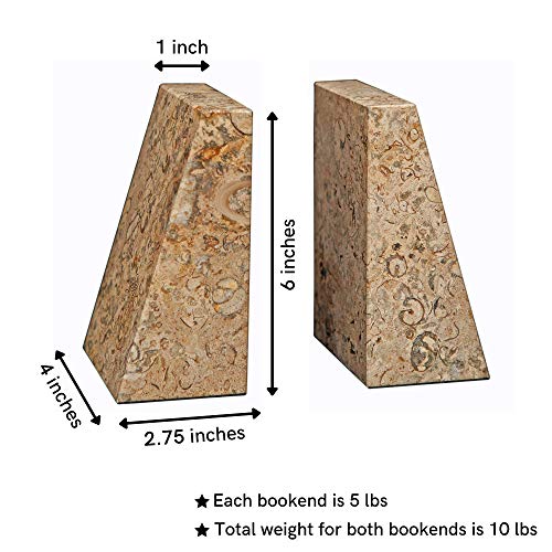 Modern Wedge Marble Bookends – Hand Carved, Polished Stone Bookends w/Non-Slip Rubber Pads – Lightweight & Compact Decorative Bookends (Fossil Stone) - color: Fossil Stone