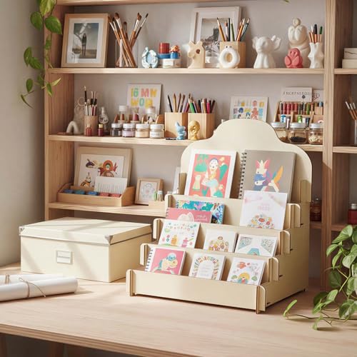 2 Pack 4-Tier Wooden Greeting Card Display Stand, Card Rack for Stickers, Postcards, Photos, Stationery, Small Products, Home Office Decor & Organizer, Lightweight for Vendor Booths, Craft Fairs