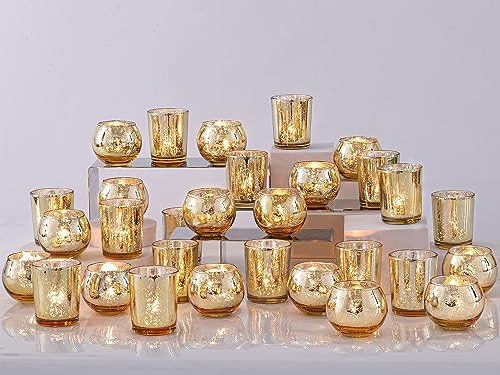 DEVI 48PCS Assorted Gold Votive Candle Holders Bluk, Gold Wedding Decorations, Mercury Glass Candle Holder for Tea Lights, Christmas Party Diwali Centerpieces for Table, Wedding Party Supplies - color: Gold