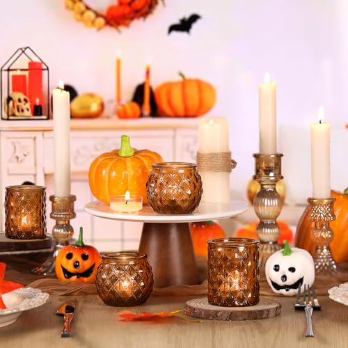 DARJEN Amber Votive Candle Holders Set of 24- Round Candle Holders Bulk, Glass Candle Holder for Vintage Decoration, Tea Lights Candle Holders for Wedding Home Party & Gift (Pack of 4) - color: Amber, size: 24 Pcs (Pack of 4)