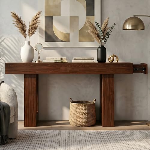 FURSUN 63" Console Table with 2 Drawers, Slim Entryway Table for Hallway, Narrow Sofa Table Behind Couch, Farmhouse Long Wood Accent Table for Foyer & Living Room, Dark Walnut - color: Dark Walnut