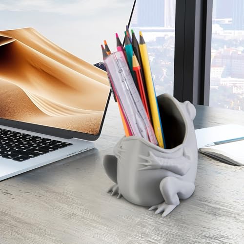 Cute Frog Pen Holder, Frog figurine Pencil Holder for Office Desk Decor, 3D Printed, Grey, Durable and Fun Gift Idea - color: Gray, size: Frog