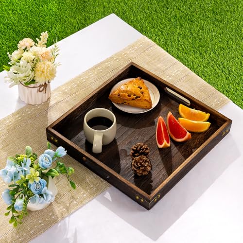 Yangbaga Serving Tray with Handles,13"*13"Wood Decorative Tray for Living Room,Modern Coffee Table Tray,Square Large Serving Platters for Home Decor,Ottoman,Bed,Kitchen,Bathroom, Breakfast,Bar - size: 13" x 13" x 1.8"