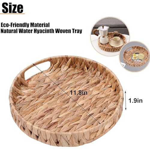 Round Woven Coffee Table Ottoman Tray with Handles - 11.8" x 1.9" Water Hyacinth Wicker Serving Tray, Decorative Storage Basket for Home & Kitchen.