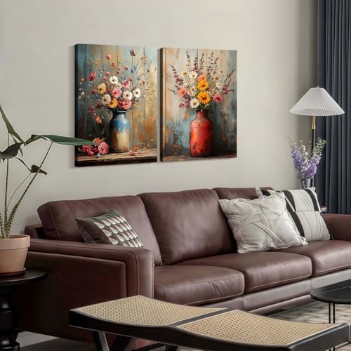 2pcs Framed Canvas Painting Wildflowers Vintage Floral Vase Butterfly Wall Decor For Living Room Bedroom Studio Hallway Country Farmhouse Style Art Poster Ready To Hang 24x16 Inch - color: Yellow White, size: 24"x16"