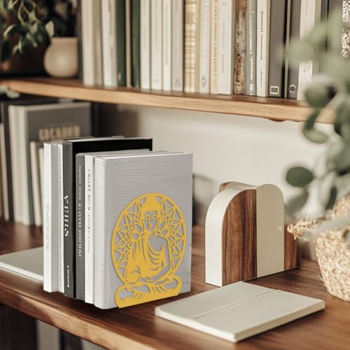 Peacoblue Metal Bookends for Shelves, Modern Decorative Heavy Duty Study Book Support Stoppers for Office, Desk, Shelf, Room 5.3"x4.3"x6.1" Cast Iron Simple Gold Book Ends, 1 Pair (Golden Buddha) - style: Golden Buddha