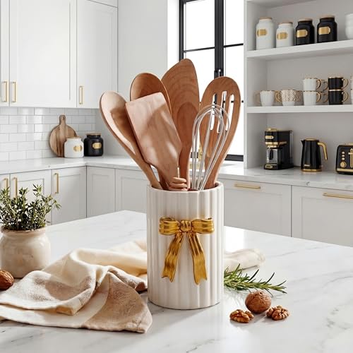 LemonRoad Ceramic Utensil Holder Kitchen Handmade Gold Bow 3D Cooking Utensil Crock with Scalloped Edge Design Vintage Retro Storage Caddy Organizer Vase Decor for Kitchen Accessories Countertop Gift - color: Gold, style: Bow