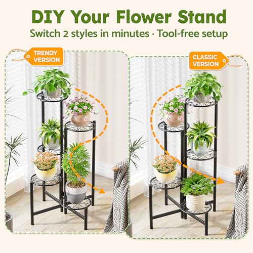Plant Stand Indoor Outdoor, 5 Tier Corner Metal Flower Display Holder Stand, Folding Tall Plant Rack for Patio Balcony Porch Garden Living Room House, Heavy Duty Wrought Iron Plant Shelf - BlackS - color: BlackS, size: 5-Tiers