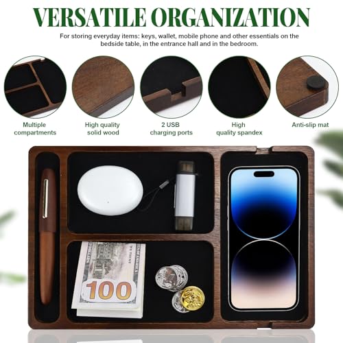 MultiBey Acacia Wood Valet Tray Nightstand Organizer, Wooden Valet Trays for Men Women, Wood Desk Organizer Drawer, EDC Essentials Catchall Tray for Phones, Watch, Pens, Keys - color: Acacia - Felt & Cable Slot