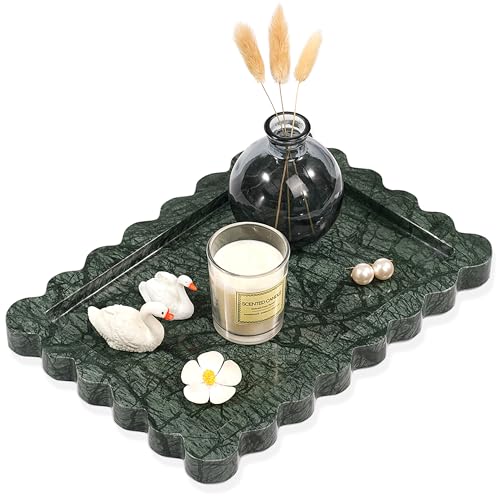 Scalloped Green Marble Tray - Large Home Decorative Stone Vanity Perfume Candle Plates for Bathroom Accessories Coffee Table, Key Dish for Kitchen Countertop Entryway (10.6" x 7.4" x 0.8") - color: Scallop-green