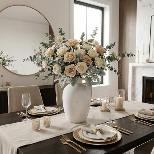 Ceramic Flower Vase with Handles,10" Neutral Tall Clay Beige Terracotta Vases Farmhouse Table Vases with Handle Living Room Decor Rustic Pottery Pots for Home Shelf Coffee Dining Desk Fireplace - color: C-10"h-antique Beige