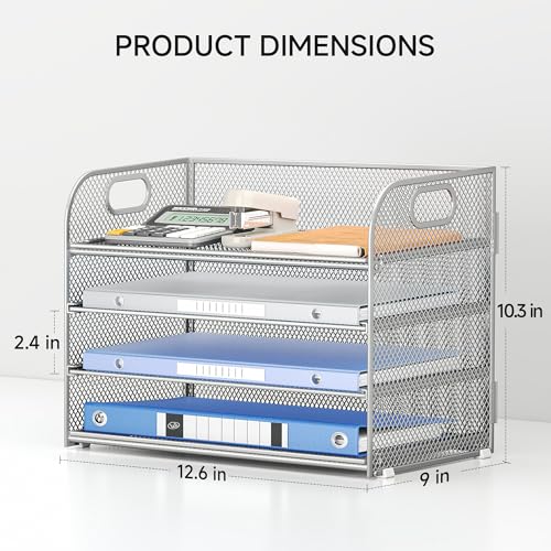 Lavatino 4-Tier Paper Organizer Trays - Silver Mesh File Folder Sorter with Handles, Desk Letter Holder Organizer for Office, Home, School Supplies Storage & Organization - color: 4 Tier - Silver