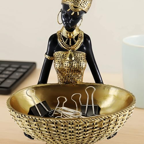 African Tribal Resin Statue - Handcrafted Gold Accent Figure with Bowl, Ethnic Home Decor Art Piece for Shelf & Table Display, Bohemian Gift Idea - color: 301gold