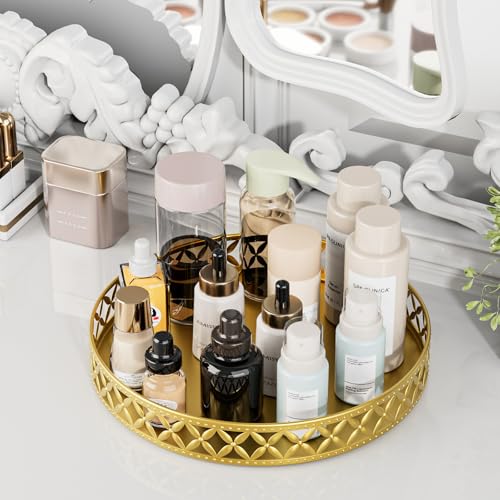EKNITEY Bathroom Counter Vanity Tray - Perfume Makeup for Dresser Tops Gold Round Serving Candle Decorative Storage Home Decor 11'' Floral-gold - color: Floral-gold