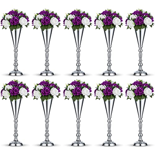 10 Pcs Tabletop Silver Metal Wedding Flower Trumpet Vase, 16.5 inch Table Decorative Centerpiece Artificial Flower Arrangements for Anniversary Ceremony Party Birthday Event Home Decoration (Silver) - color: Silver, size: 16.5 inch x 10 Pcs