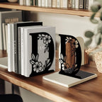 Peacoblue Metal Bookends for Shelves, Modern Decorative Heavy Duty Study Book Ends Stoppers for Office Desk Shelf, Room 5.3"x4.3"x7.1" Cast Iron Tall Bookends 1 Pair (Letter D with Flowers) - style: Letter D with Flower