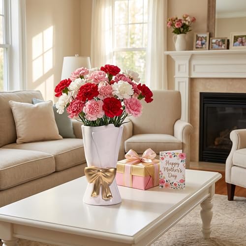 Relexome Fully Glazed White Ceramic Gold Bow Vase 9.64 in Unique Cute Modern Decorative Bouquet Flower Vases for Home Living Room Table Mother's Day Decor Women Gifts - color: White-gold