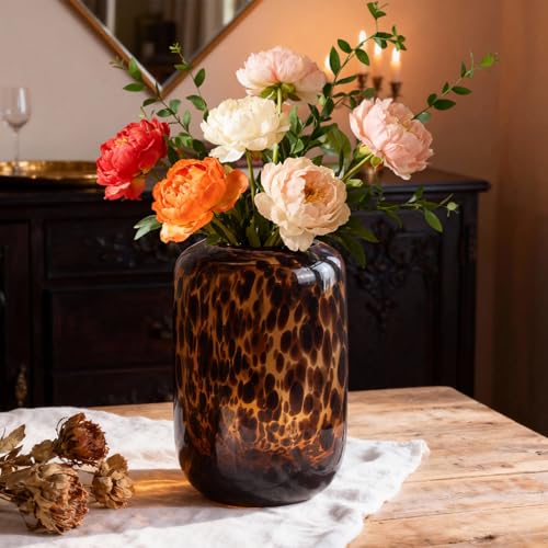 Amber Brown Glass Vase – Round Art Glass Vase with Tortoise Shell Pattern, Hand Blown Wide Mouth Decorative Centerpiece for Living Room, Dining Table or Entryway Home Decor - size: Small