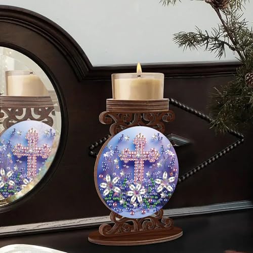 MaiYiYi DIY Religious Cross Diamond Art Painting Candlestick Holders, Flower Cross Diamond Pianting Candle Holder, Special-Shaped Diamond Wooden Candlestick Crafts Ornaments for Home Decor